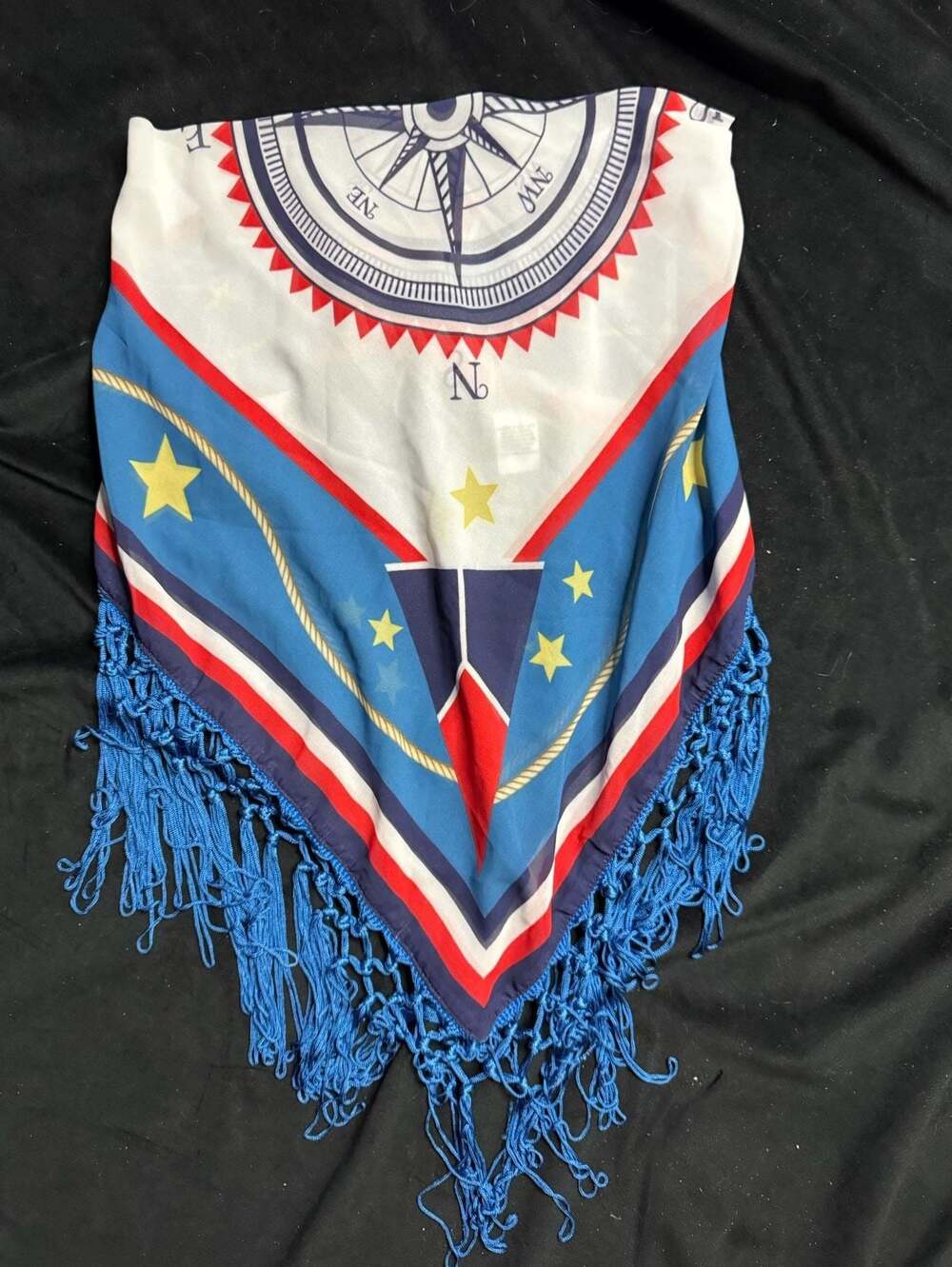 Cactus + Pearl Removable Nautical Compass Print Scarf with Blue Fringed Edge